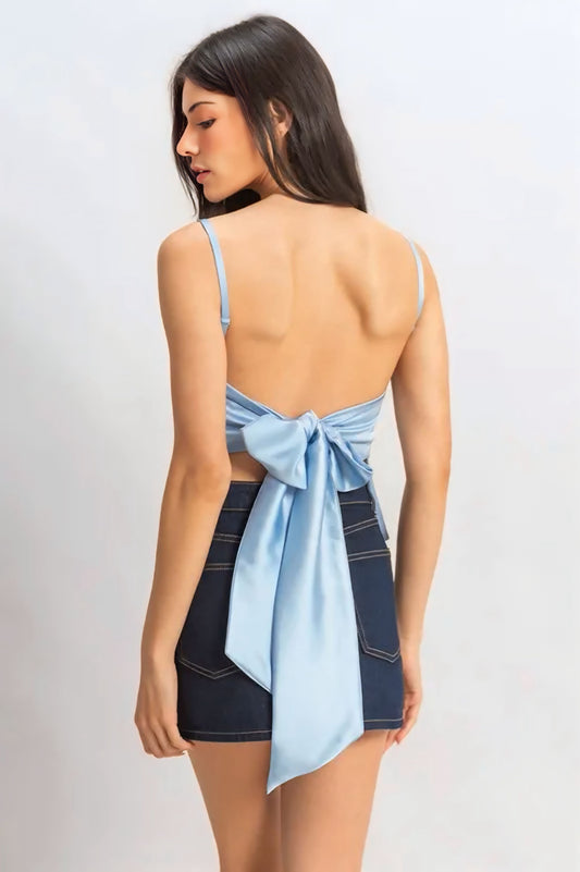 Satin Back Tie Detail Cami - Ice Blue