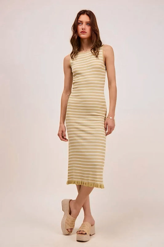 Stripe Sleeveless Sweater Knit Maxi Dress With Ruffled Hem