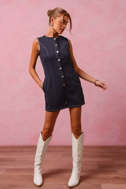 Button Up Front Washed Denim Sleeveless Romper