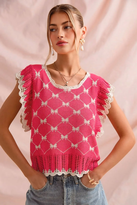 Bow Ribbon Pattern Sweater Top with Back Key Hole