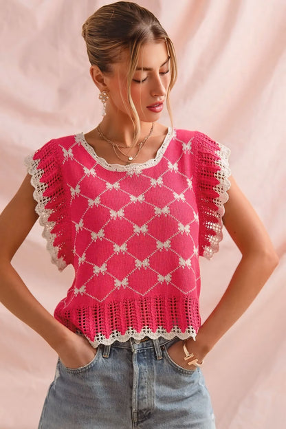 Bow Ribbon Pattern Sweater Top with Back Key Hole