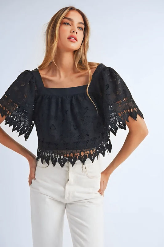 MABLE Square Neck Crochet Lace Top With Double Bow Tie