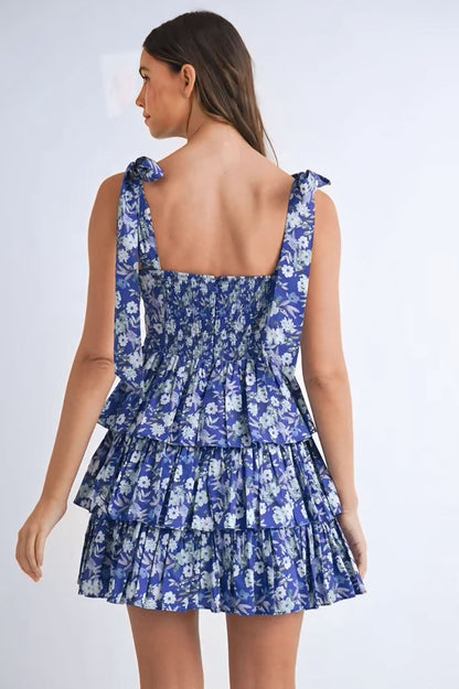 Floral Print Shoulder Tie Layered Mini Dress