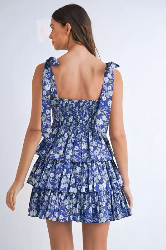 Floral Print Shoulder Tie Layered Mini Dress