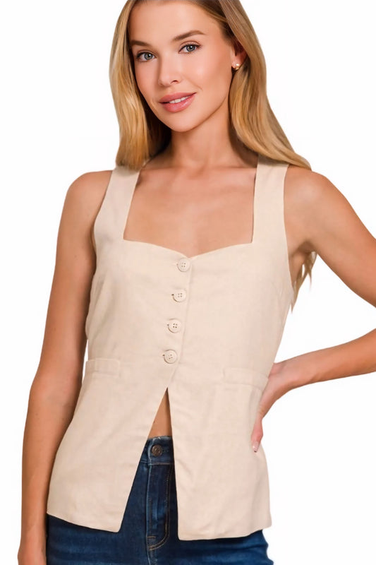 Linen Tie-back 4-button Vest with Lining