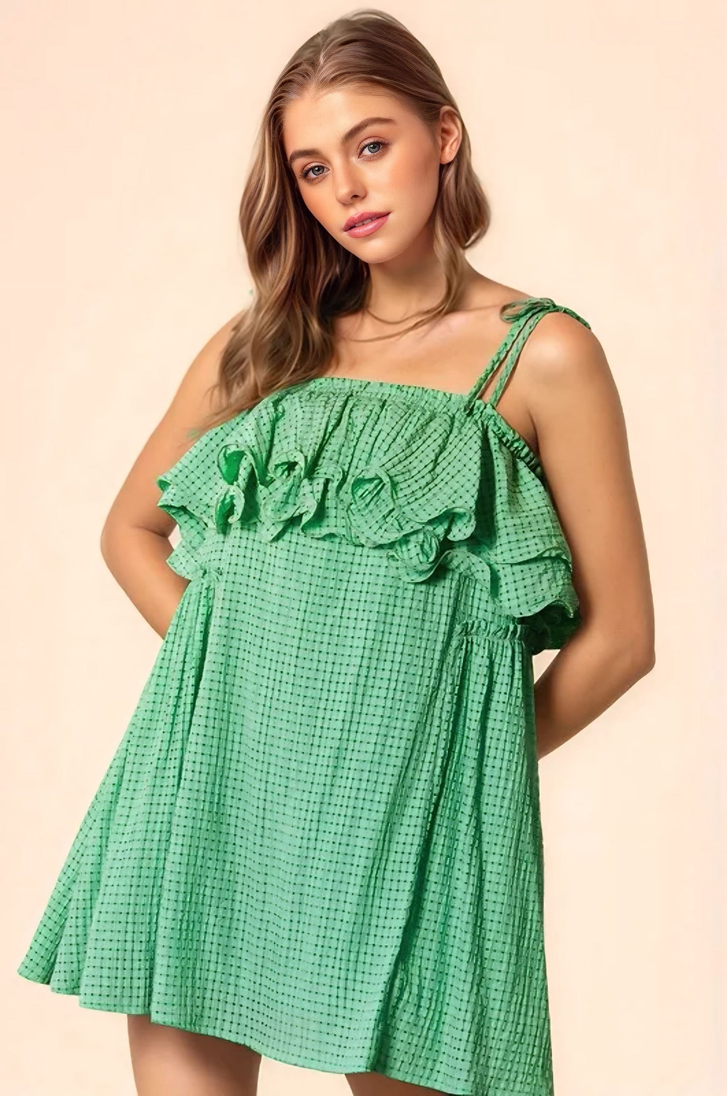 Ibiza Green Checker Fabric Ruffled Dress