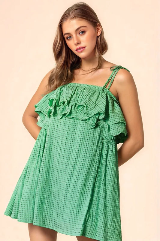 Ibiza Green Checker Fabric Ruffled Dress