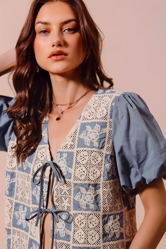 Crochet Lace Tie Front V Neck Blouse Top