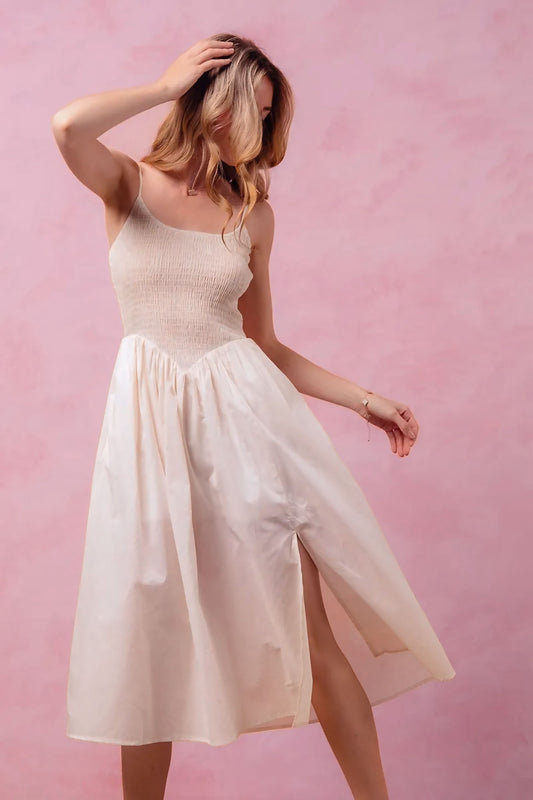 Smocked Sleeveless Casual Everyday Dress With Slit