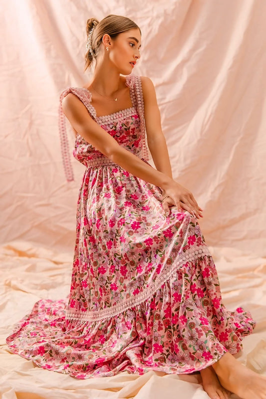 Floral Maxi Dress With Ribbon Tie Lace Strap