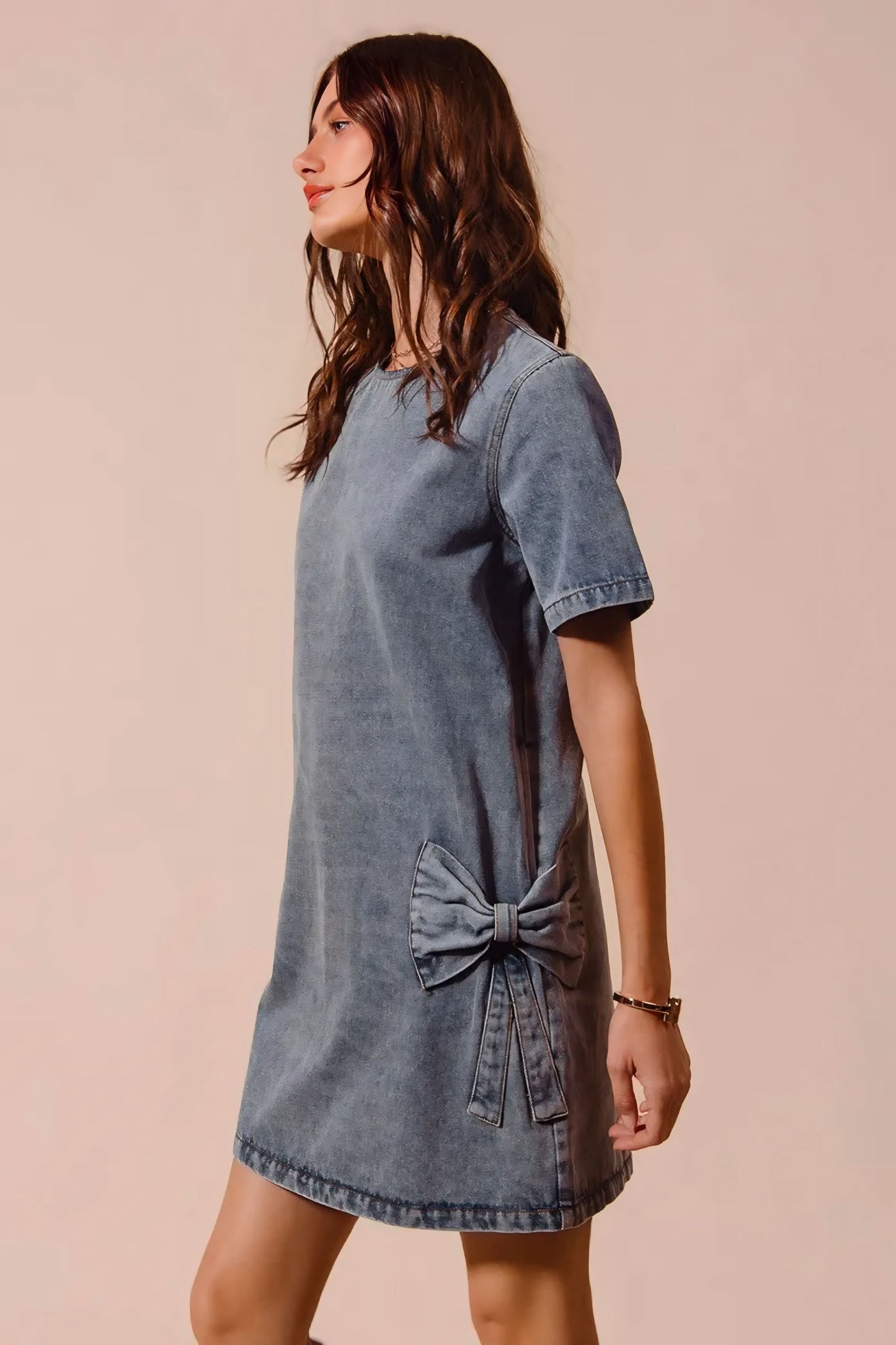 Bow Ribbon Knot Applique Denim Mini Dress