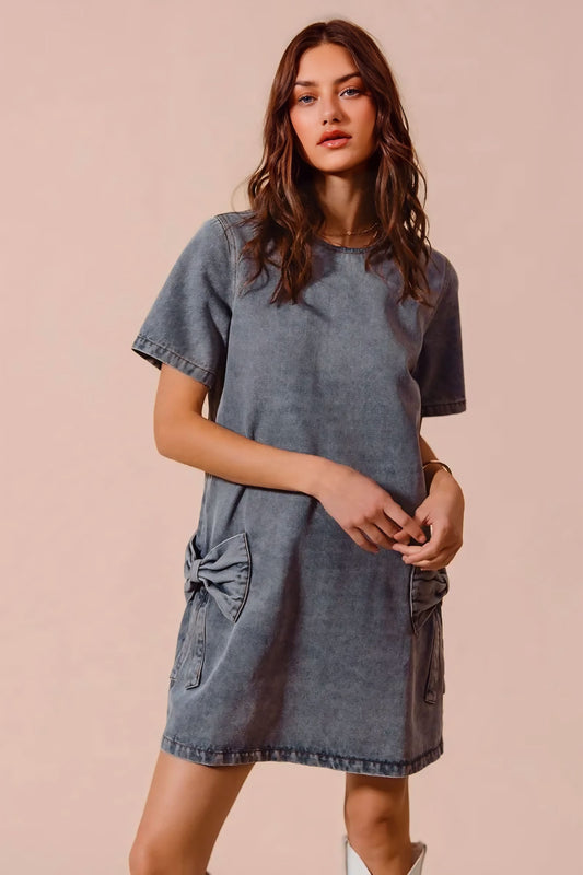 Bow Ribbon Knot Applique Denim Mini Dress