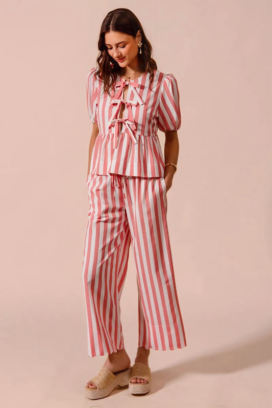 Front Tie Stripe Top With Puff Sleeves and Wide Leg Pants Set