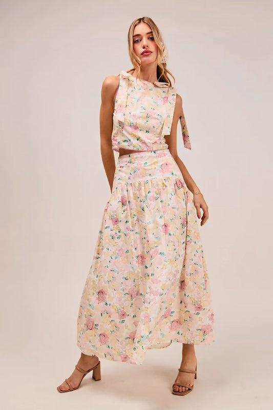 Floral Printed Bow Tie Top and Skirt Set
