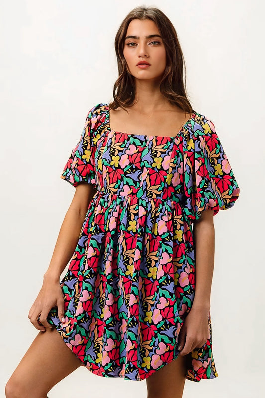 Floral Print Puff Square Neck Dress
