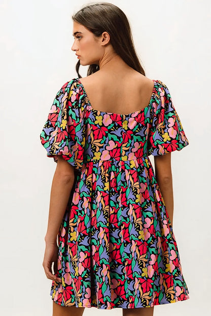 Floral Print Puff Square Neck Dress