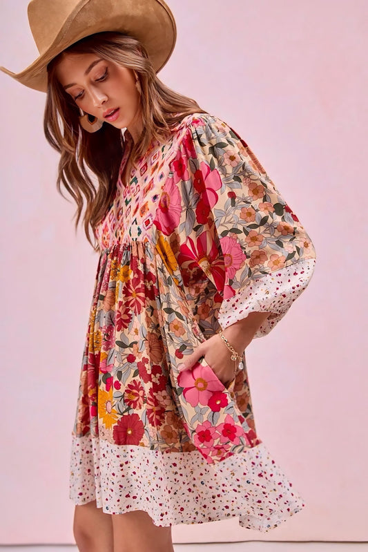 Print Mix And Match Bubble Sleeve Dress