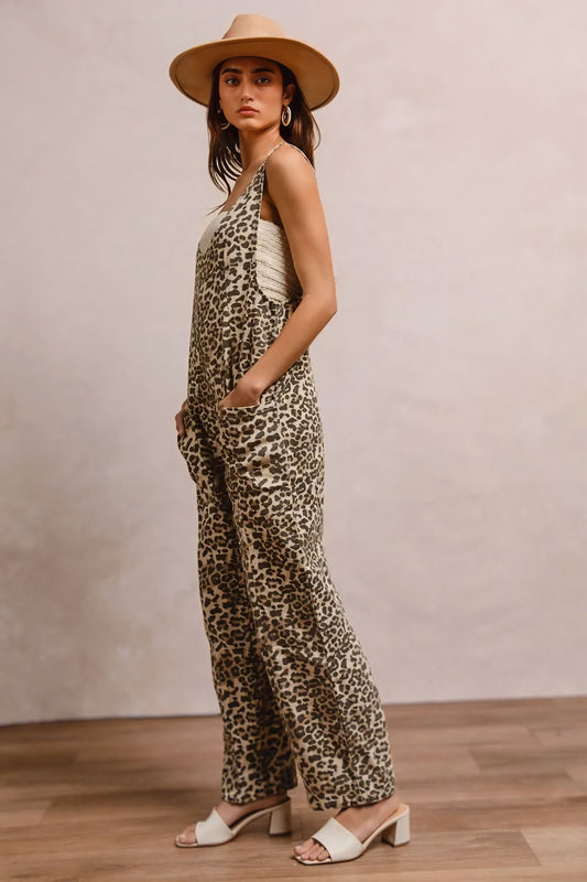 Leopard Print Adjustable Strap U Neck Jumpsuit
