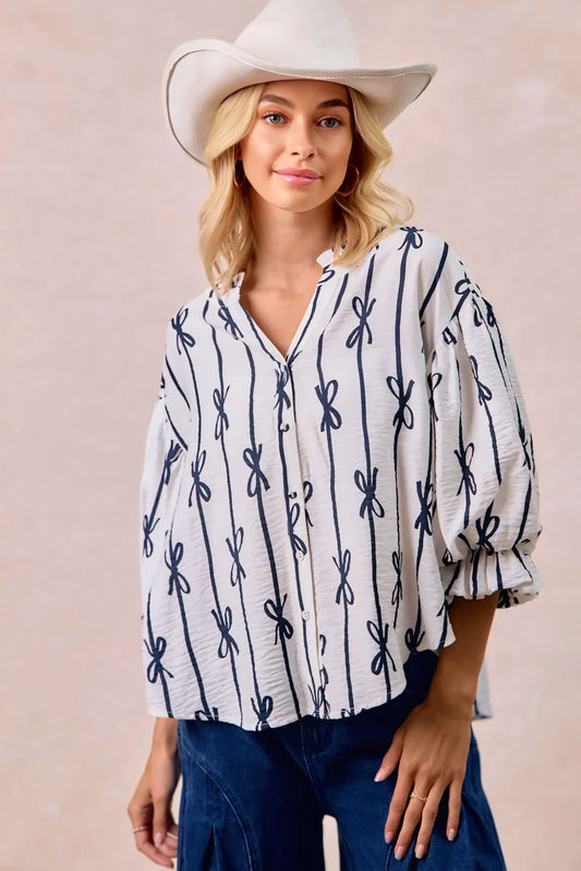 Bow Ribbon Printed Bubble Sleeves Top
