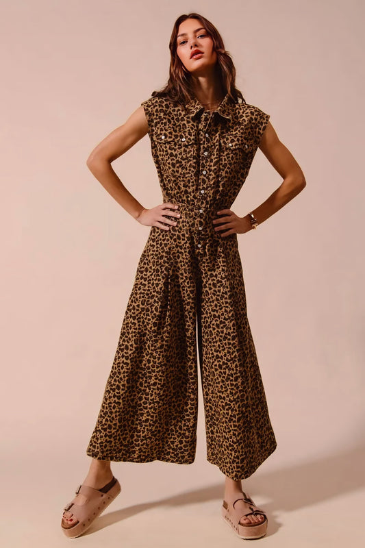 Wide Leg Leopard Twill Overalls Jumpsuit